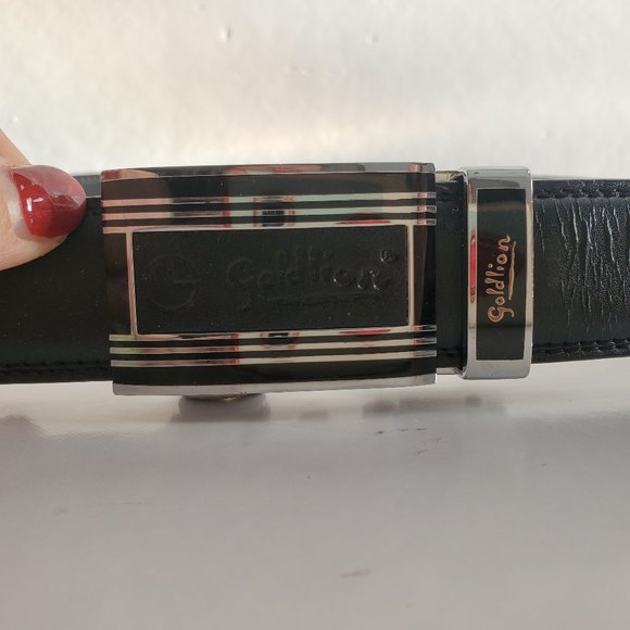 Vtg Men's Black Leather Belt GOLDLION w/ Chrome Rect Lock Buckle Office Career - Picture 3 of 8
